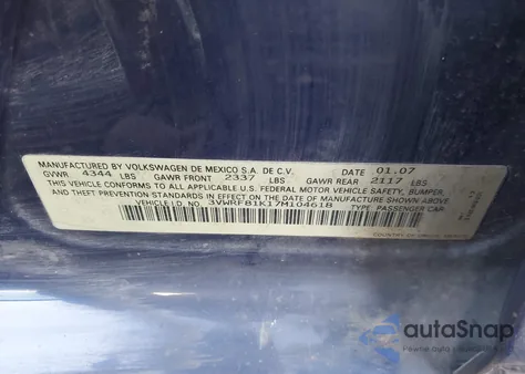 2007 Volkswagen Jetta 2.5 from USA, damaged, VIN 3VWRF81K17M104618